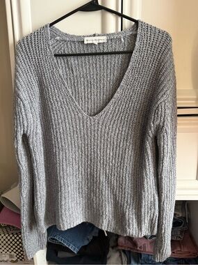 White + Warren Light Gray V-Neck Ribbed Cotton Knit Sweater